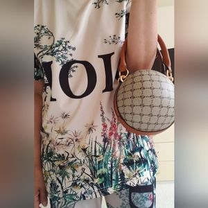 Round Vegan Leather Satchel Handbag with Designer Inspired Print Tan Nwot